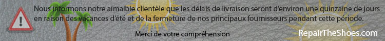 Nous informons notre aimable clientèle que les des délais de livraison seront rallongés d'une dizaine de jours en raison de la période de vacances d'été et de la fermeture de nos principaux fournisseurs. Merci de votre compréhension.